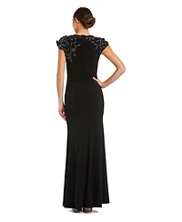 Mac Duggal Women's Beaded Floral Cap Sleeve Column Gown
