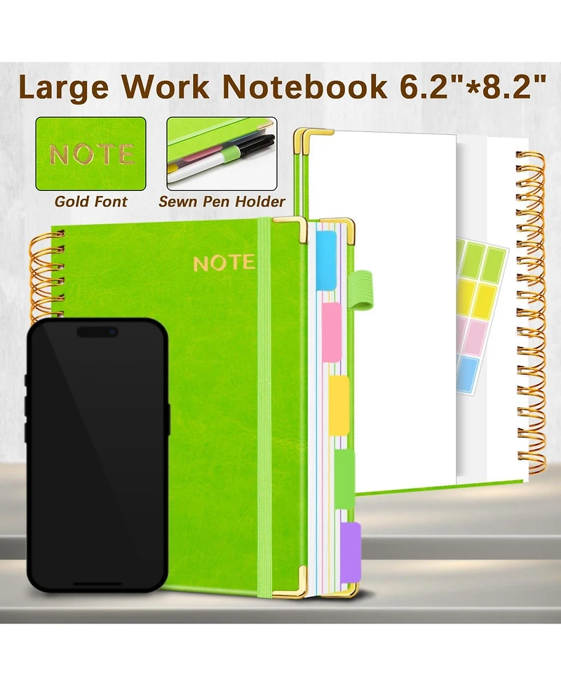 Danrong Faux Leather 5 Subject Spiral Notebook College Ruled 300 Pages with Dividers Tabs Pen Loop