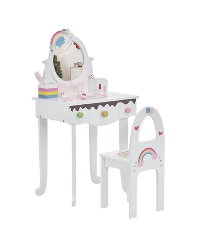 Slickblue Kids Vanity Table Set with Mirror, Stool, 3 Drawers and 7 Makeup Toys