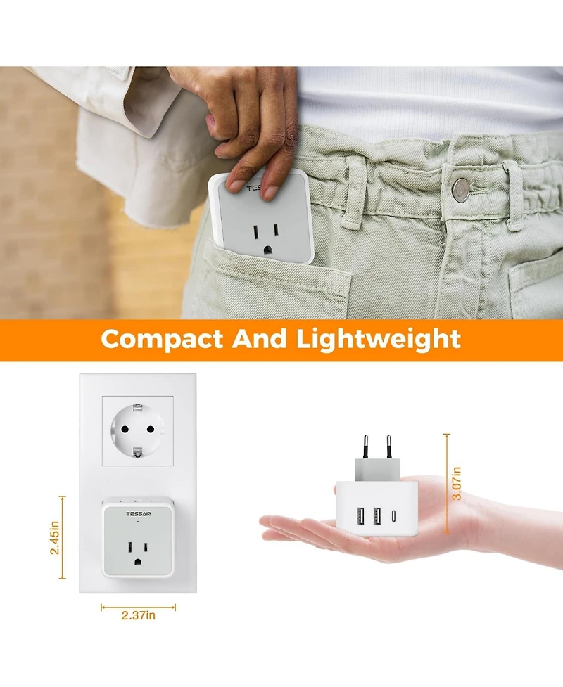 Tessan European and Italy Travel Plug Adapter with 3 Outlets and 3 Usb Ports