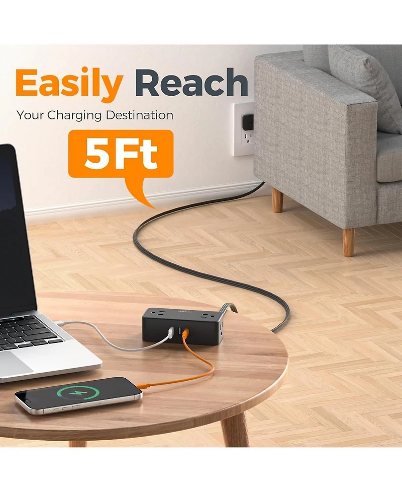Tessan 5-Foot Surge Protection Power Strip with 4 Ac Outlets and 3 Usb Ports, Compatible with North American Plugs