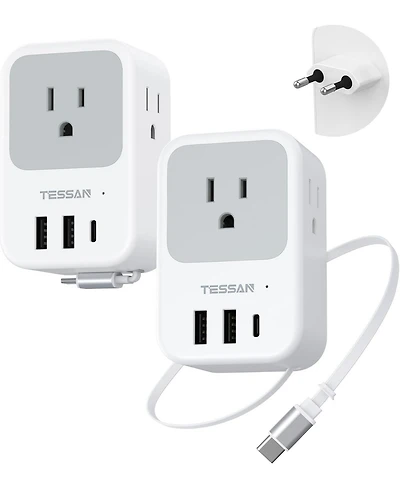 Tessan European Travel Plug Adapter with Retractable Usb-c Cable, 2-Piece Set