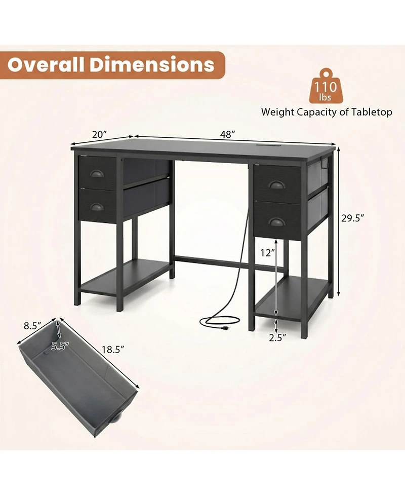 Sugift 48 inch Computer Desk with Power Outlet Home Office Desk with 4 Fabric Drawers