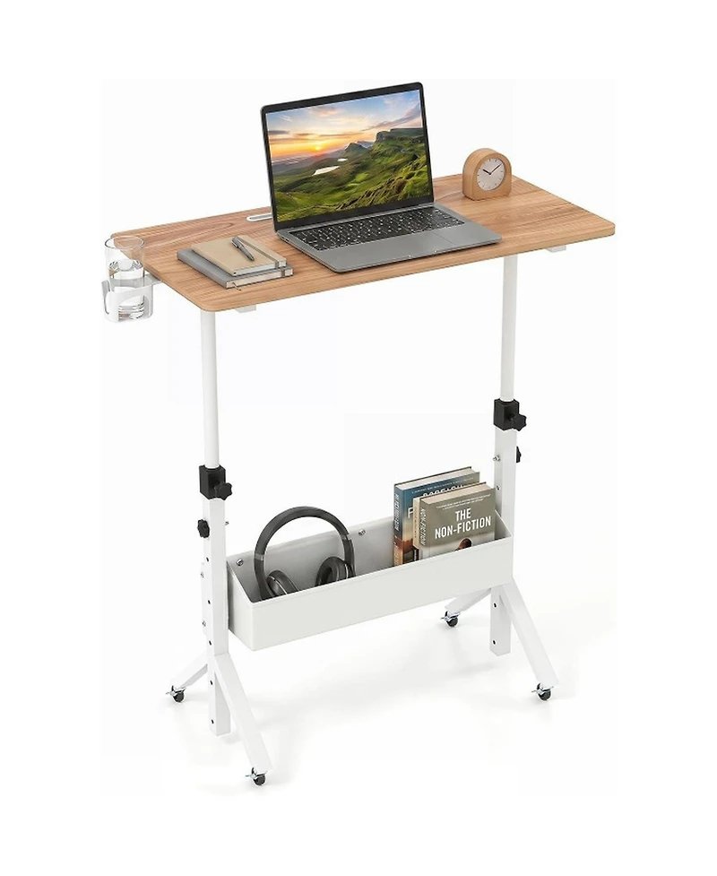 Sugift Mobile Standing Desk Height Adjustable Rolling Laptop Desk with Cup Holder Storage Basket