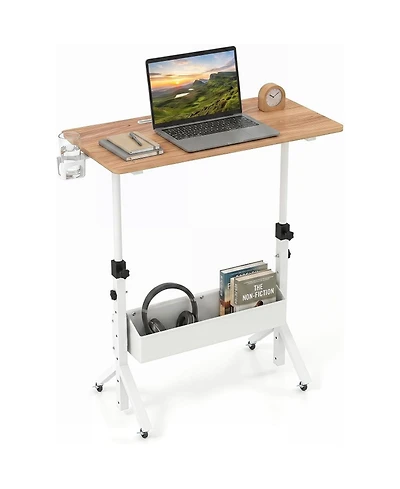 Sugift Mobile Standing Desk Height Adjustable Rolling Laptop Desk with Cup Holder Storage Basket
