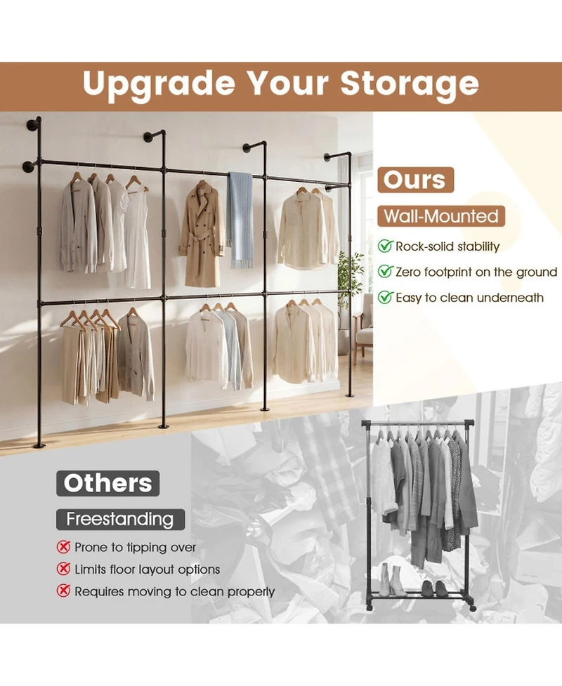 Sugift Wall Mounted Pipe Clothing Rack with 6 Hanging Rods