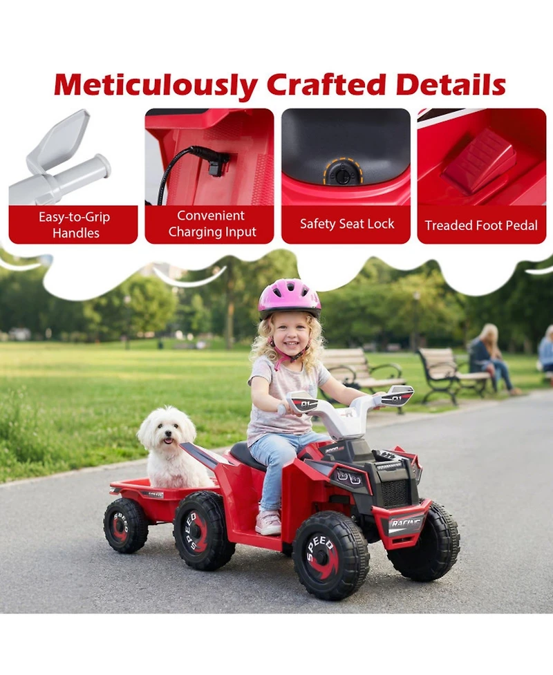 Sugift 6V Kids Atv Quad Car with Detachable Trailer Ride-On Toy, Ages 3+