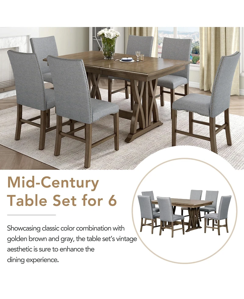 Boyel Living Mid-Century Solid Wood 7-Piece Dining Table Set Extendable Kitchen Table Set with Upholstered Chairs and 12" Leaf for 6
