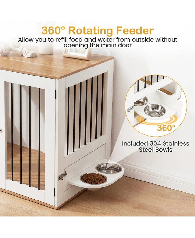 Hongge 31.5 in Wooden Dog Kennel End Table with Swivel Feeding Bowls