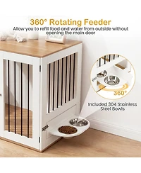 Hongge 31.5 in Wooden Dog Kennel End Table with Swivel Feeding Bowls