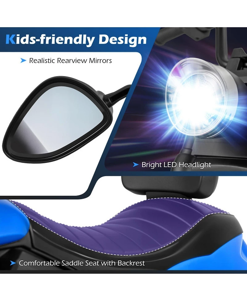 Hongge 6V Kids Ride-On Motorcycle with Led Headlights, Music & Training Wheels, 66-lb. Capacity, Ages 18 Months+