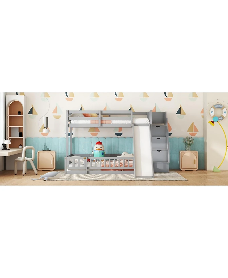 Sailvan Full Bunk Bed with Slide, Storage Staircase, Pine Safety Guardrails
