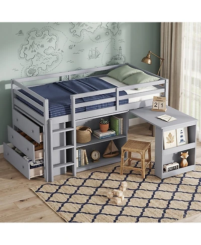 Sailvan Twin Loft Bed with Drawer Cabinet, Shelf Cabinet and Pulling Out Desk, Guardrail ,Ladder