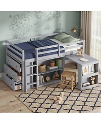 Sailvan Twin Loft Bed with Drawer Cabinet, Shelf Cabinet and Pulling Out Desk, Guardrail ,Ladder