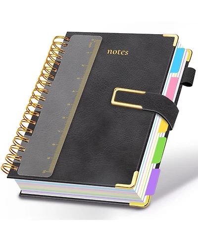 Danrong Hardcover Spiral Notebook College Ruled Leather Journal 5 Subject Dividers 300 Pages Magnetic Closure