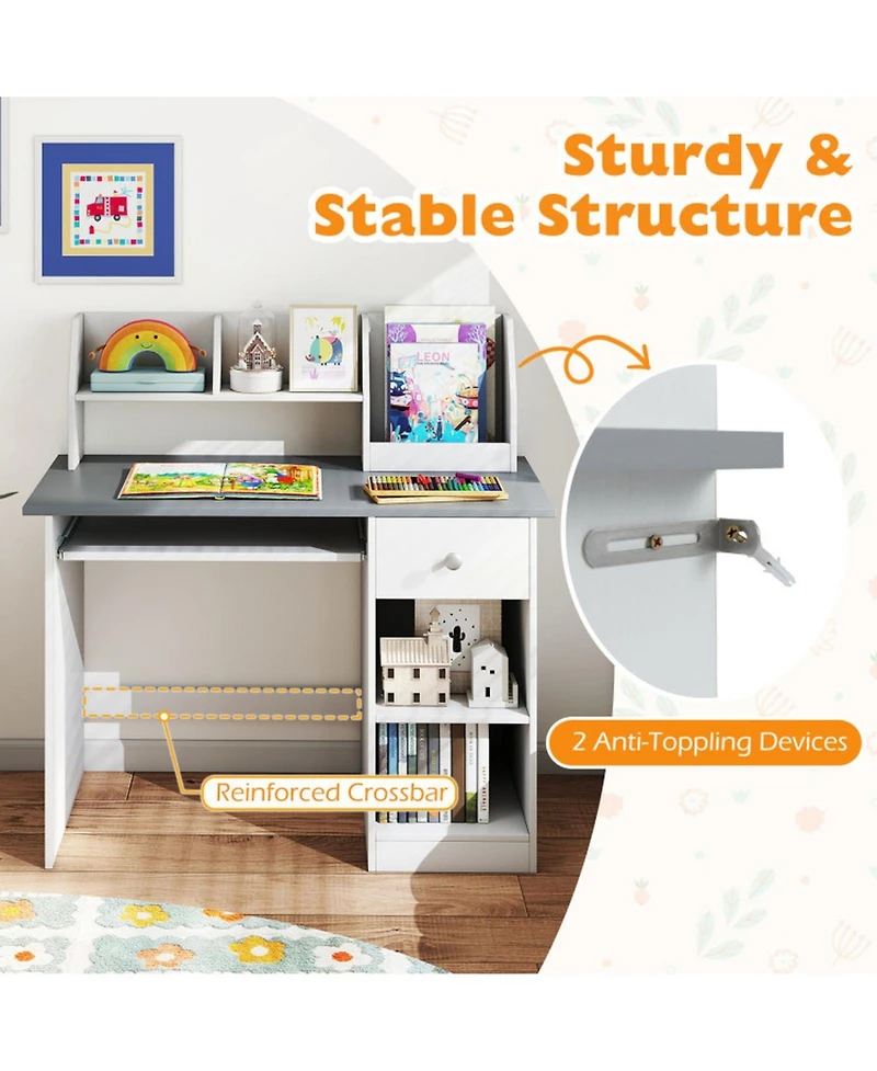 Sugift Kids Study Desk Writing Table with Hutch Drawer Shelves Keyboard Tray 35.5 x 18 x 35.5inch