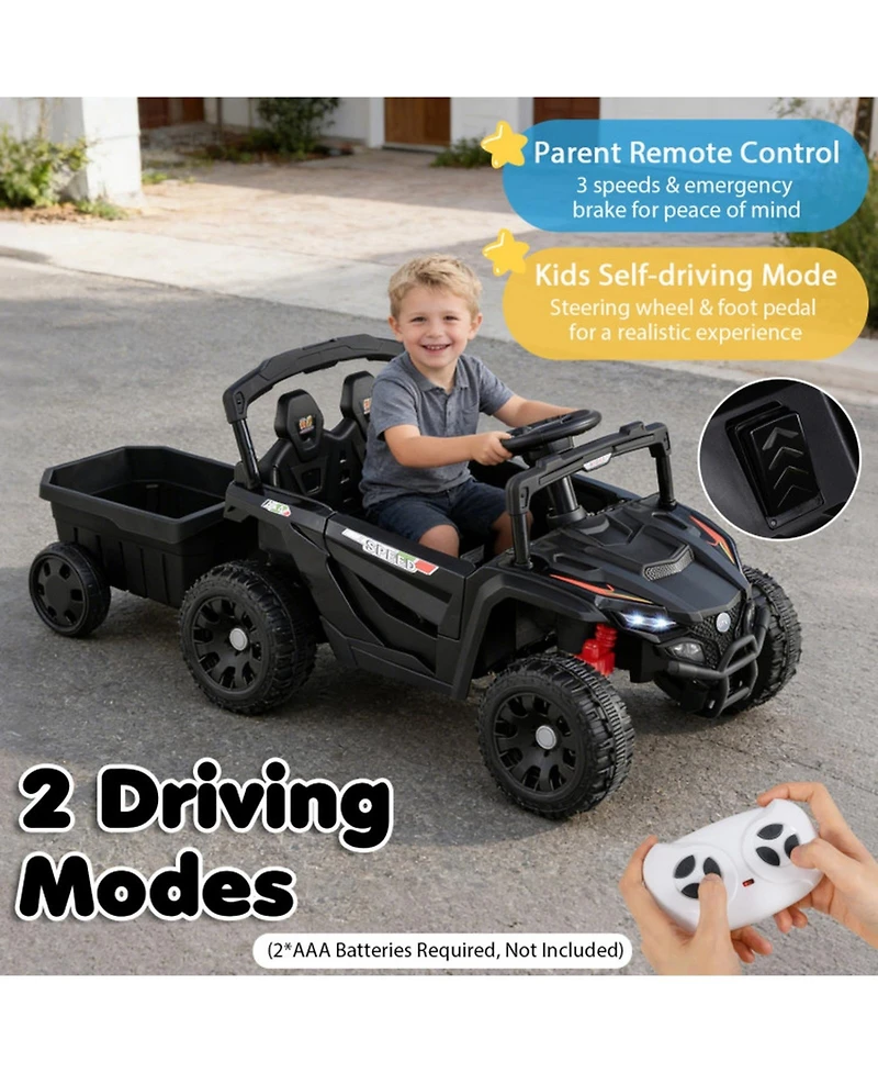Hongge 12V Kids Ride-On Tractor with Detachable Trailer Parent Remote and Led Lights