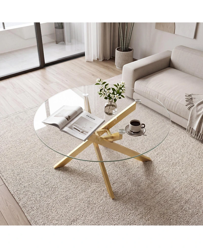 Costway 31.5" Glass Coffee Table with Tempered Top and Geometric Metal Frame