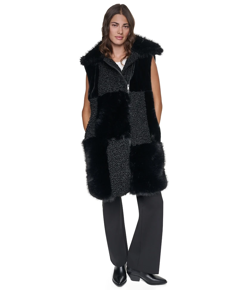 Dkny Women's Patch-Mix Mid-Length Collared Faux Fur Vest