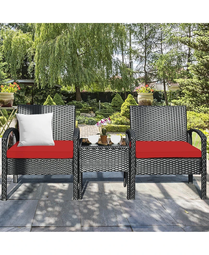 Costway 3PCS Patio Rattan Furniture Set Coffee Table & Chairs with Seat Cushions Garden