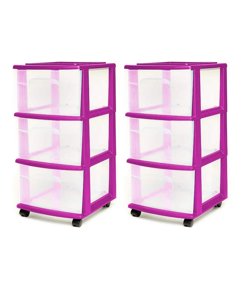 Homz Plastic 3 Drawer Medium Storage Container Tower, Purple Frame (2 Pack)