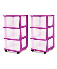 Homz Plastic 3 Drawer Medium Storage Container Tower, Purple Frame (2 Pack)