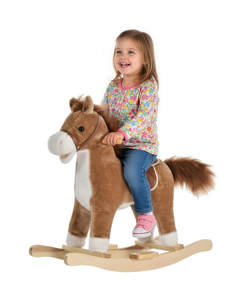 Glintex 12V Kids Electric Ride-On Horse with Sounds, Carrot Toy, Comb, Foot Pedal, Seat Storage, and Battery Power for Ages 1.5-3, Brown