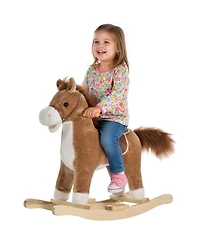 Glintex 12V Kids Electric Ride-On Horse with Sounds, Carrot Toy, Comb, Foot Pedal, Seat Storage, and Battery Power for Ages 1.5-3, Brown