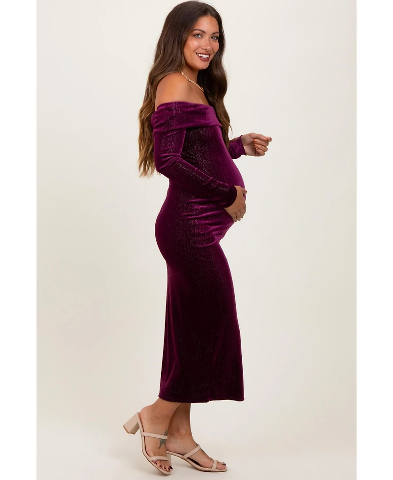 Pinkblush Women's Plum Shiny Velour Off Shoulder Midi Dress