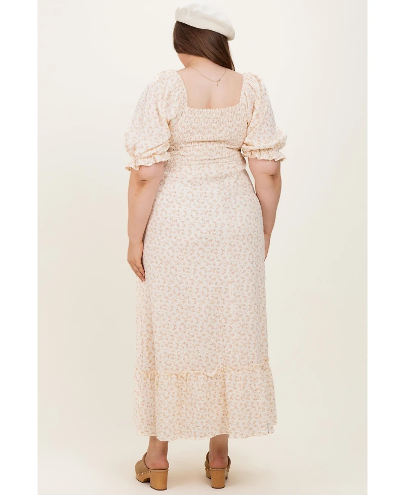 Pinkblush Plus Size Beige Floral Print Square Neckline Maxi Dress