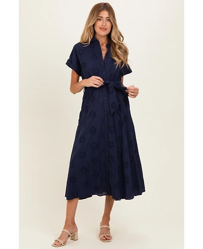 Pinkblush Women's Navy Eyelet Lace Waist Tie Shirt Dress