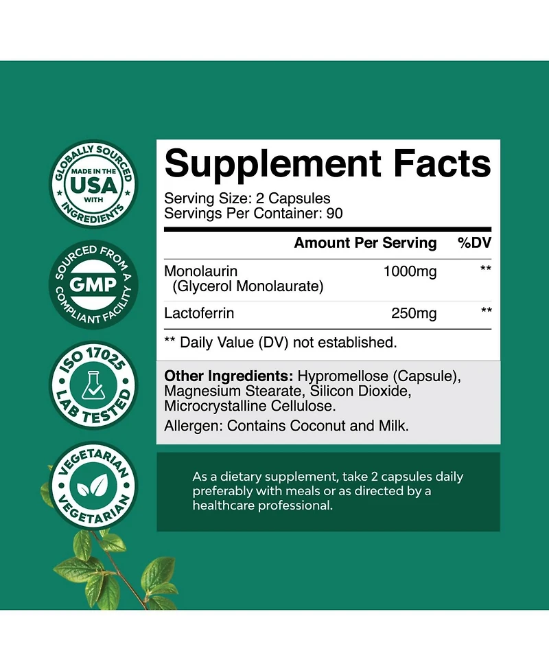 Nature's Craft Lactoferrin and Monolaurin Capsules | 250mg Lactoferrin and 1000mg Monolaurin | 180 Count