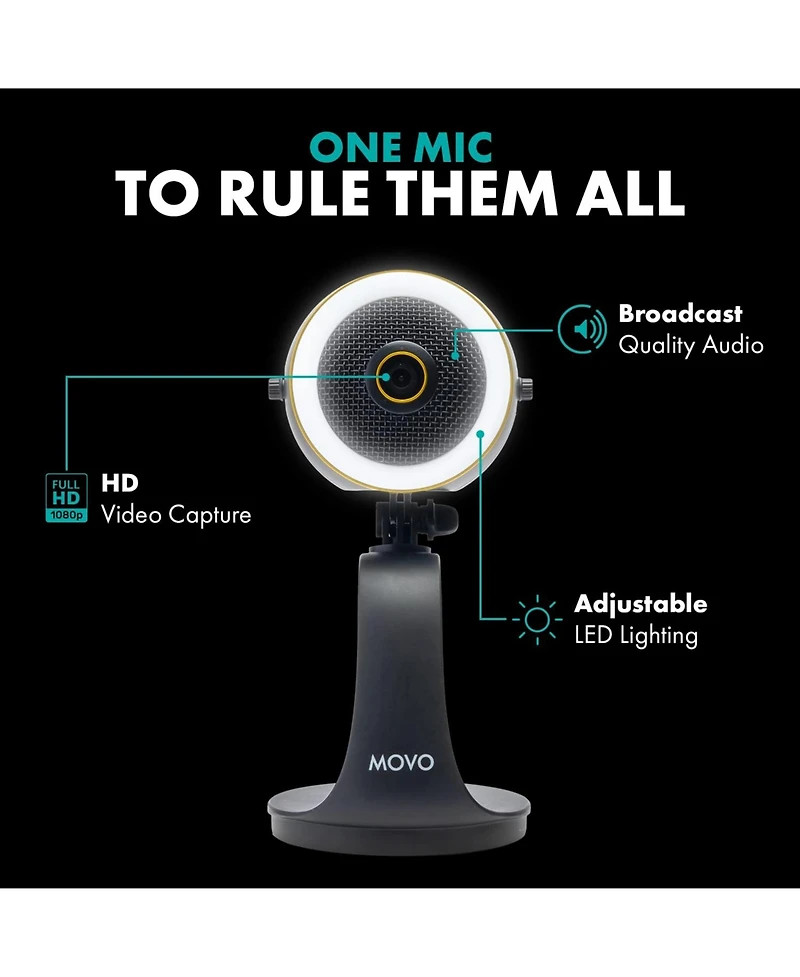 Movo WebMic Hd Pro All-in-One Webcam with Mic and Ring Light in Silver- 1080p Hd Camera, Pro Cardioid Condenser Microphone, Led Ring Light