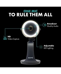 Movo WebMic Hd Pro All-in-One Webcam with Mic and Ring Light in Silver- 1080p Hd Camera, Pro Cardioid Condenser Microphone, Led Ring Light