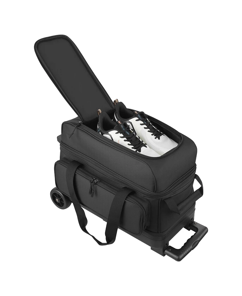 Sugift 2 Ball Double Roller Bowling Bag with Separate Shoe Compartment and Telescoping Handle