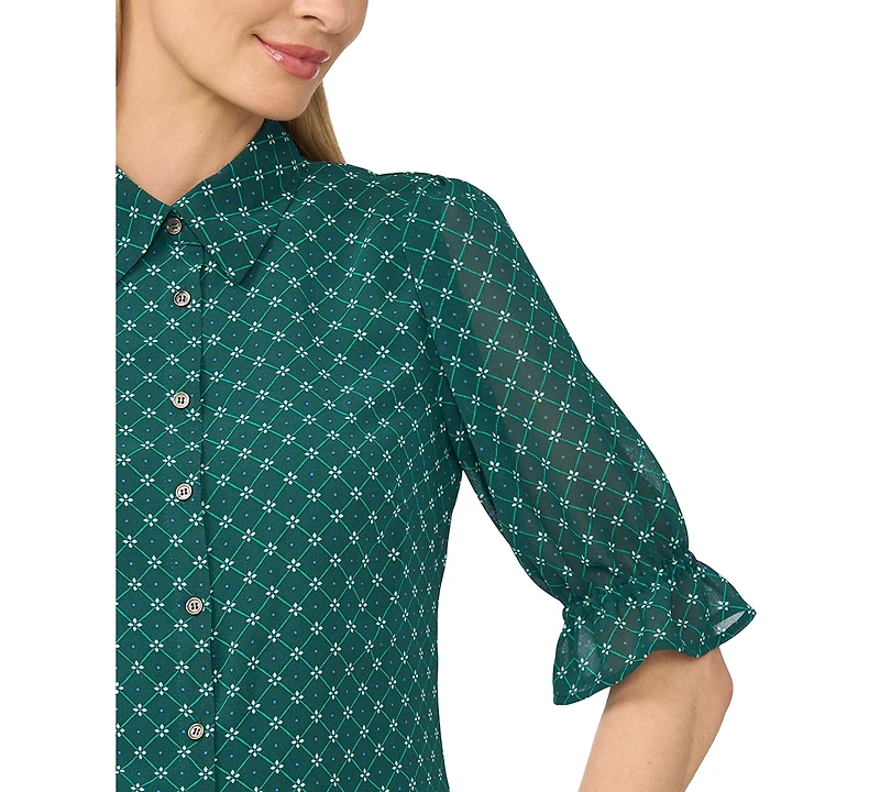 CeCe Women's Short-Sleeve Smocked Cuff Geometric-Print Button-Down Shirt