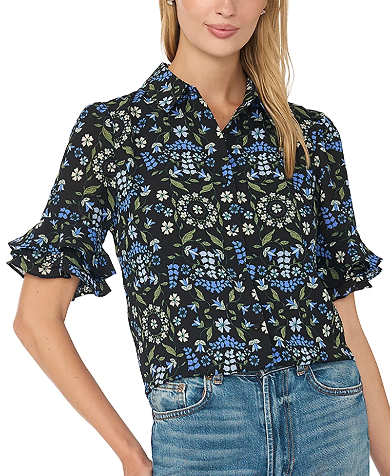CeCe Women's Double-Ruffle Floral-Print Short-Sleeve Button-Down Shirt