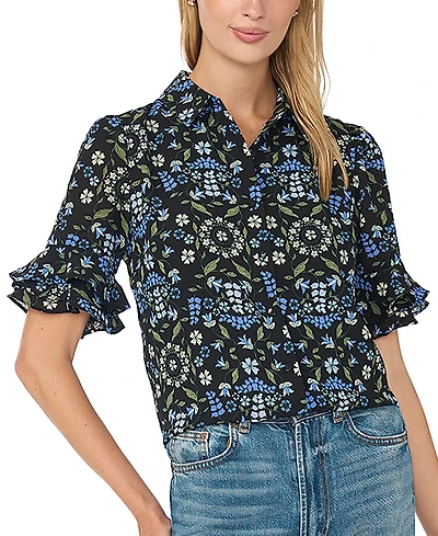 CeCe Women's Double-Ruffle Floral-Print Short-Sleeve Button-Down Shirt