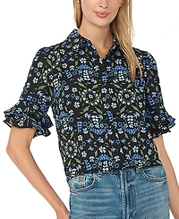 CeCe Women's Double-Ruffle Floral-Print Short-Sleeve Button-Down Shirt