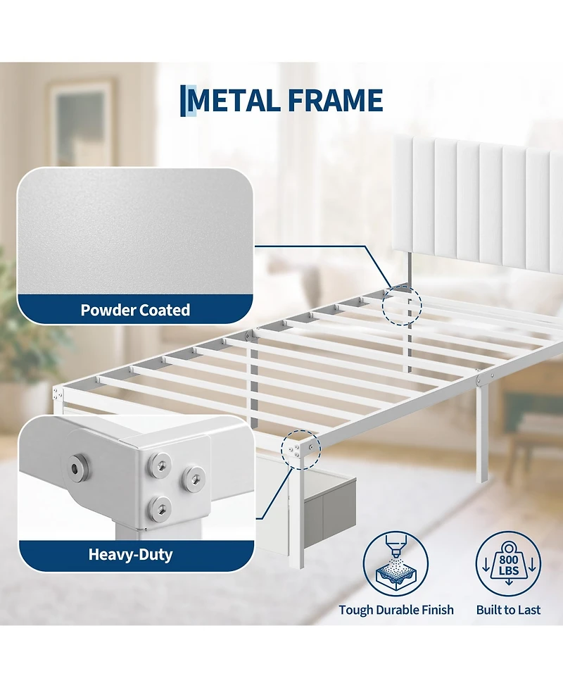 homfan Bed Frame with Upholstered Headboard, Adjustable Headboard Iron Platform Bed, No Box Spring Needed