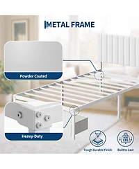 homfan Bed Frame with Upholstered Headboard, Adjustable Headboard Iron Platform Bed, No Box Spring Needed