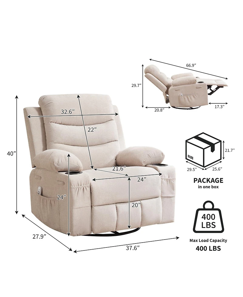 Oversized 360 Degree Swivel Glider Rocker Recliner Chair Equipped With Massage and Heat Functions, Idea For Living Room, Nursery, Bedroom