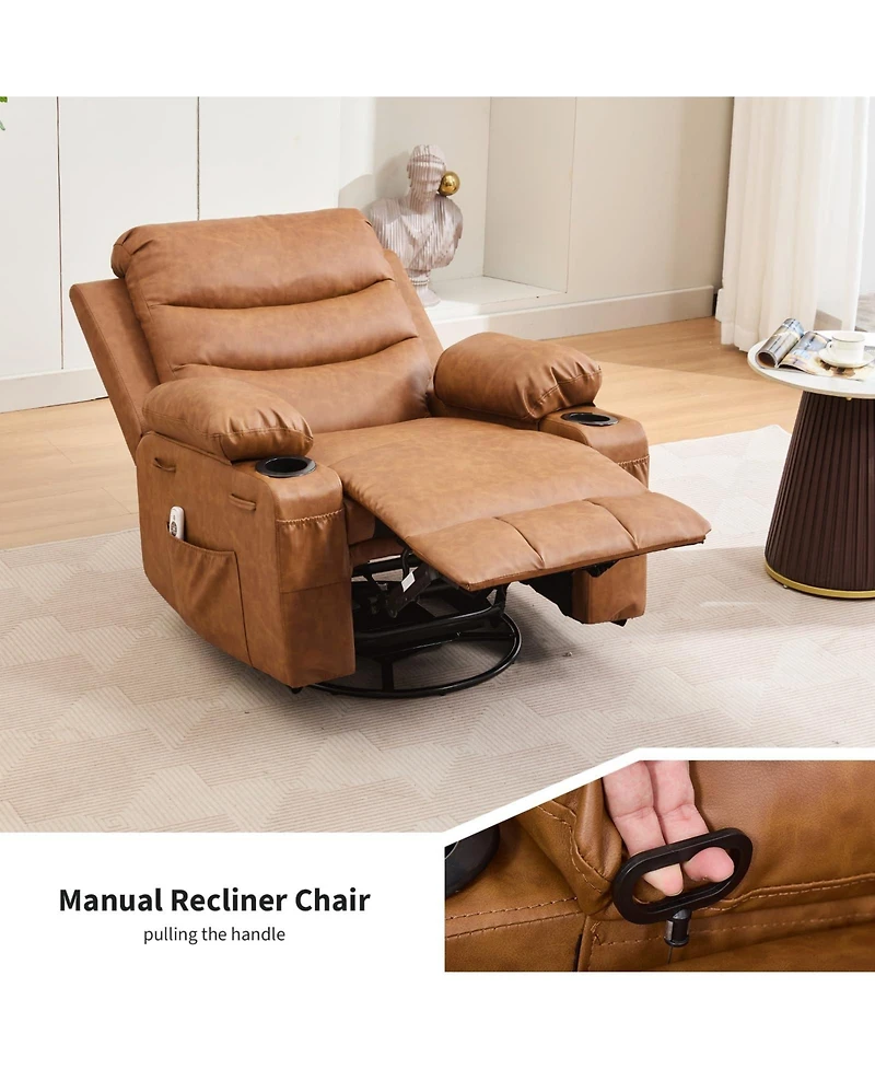 Oversized 360 Degree Swivel Glider Recliner Chair With Massage And Heating, Wide Seat Manual Lounge Armchair Cup Holder, For Living Room, Bedroom