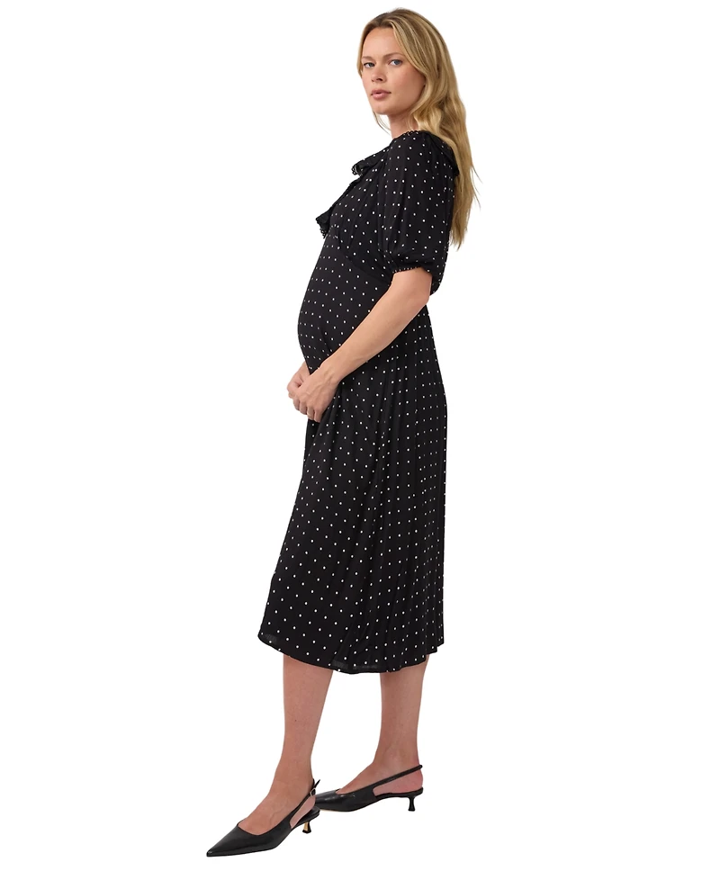 Ingrid + Isabel Maternity Polka-Dot Ruffle V-Neck Puff-Sleeve Midi Dress