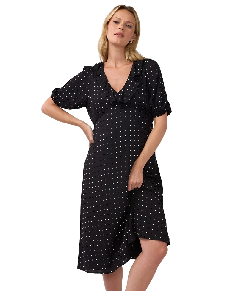 Ingrid + Isabel Maternity Polka-Dot Ruffle V-Neck Puff-Sleeve Midi Dress