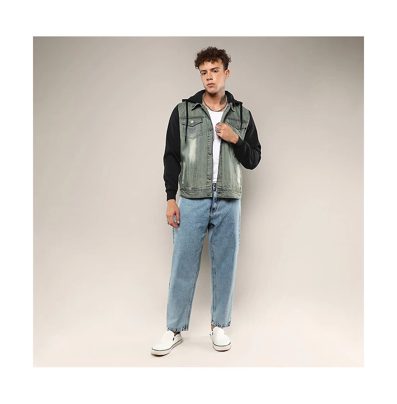 Campus Sutra Men's Light-Wash Hooded Denim Jacket With Sweatshirt-Style Sleeves