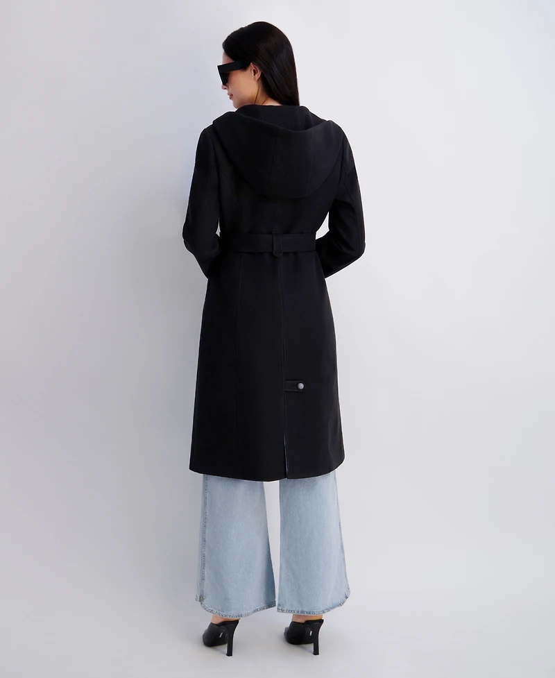 Kensie Women's Hooded Faux Wool Coat With Belt And Button Front