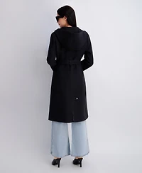 Kensie Women's Hooded Faux Wool Coat With Belt And Button Front