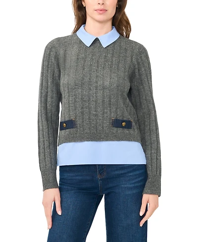 CeCe Women's Long-Sleeve Collared Twofer Sweater