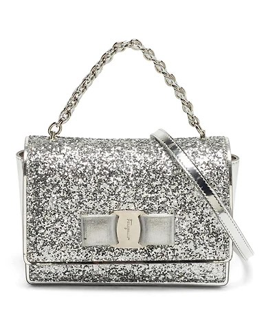 Pre-Owned Salvatore Ferragamo Women's Vara Bow Glitter and Leather Top Handle Crossbody Bag